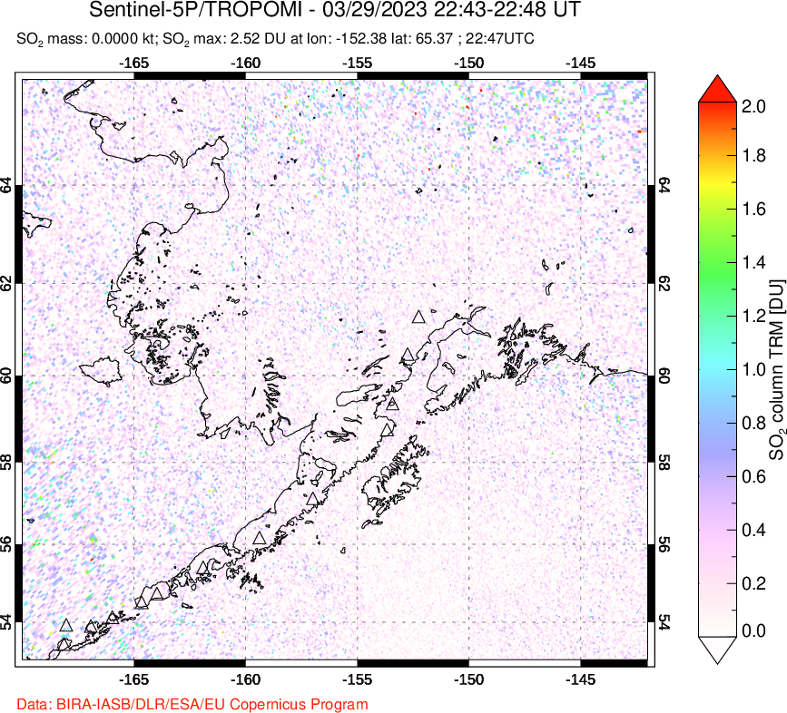 A sulfur dioxide image over Alaska, USA on Mar 29, 2023.