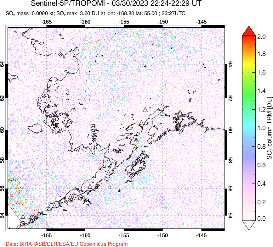 A sulfur dioxide image over Alaska, USA on Mar 30, 2023.