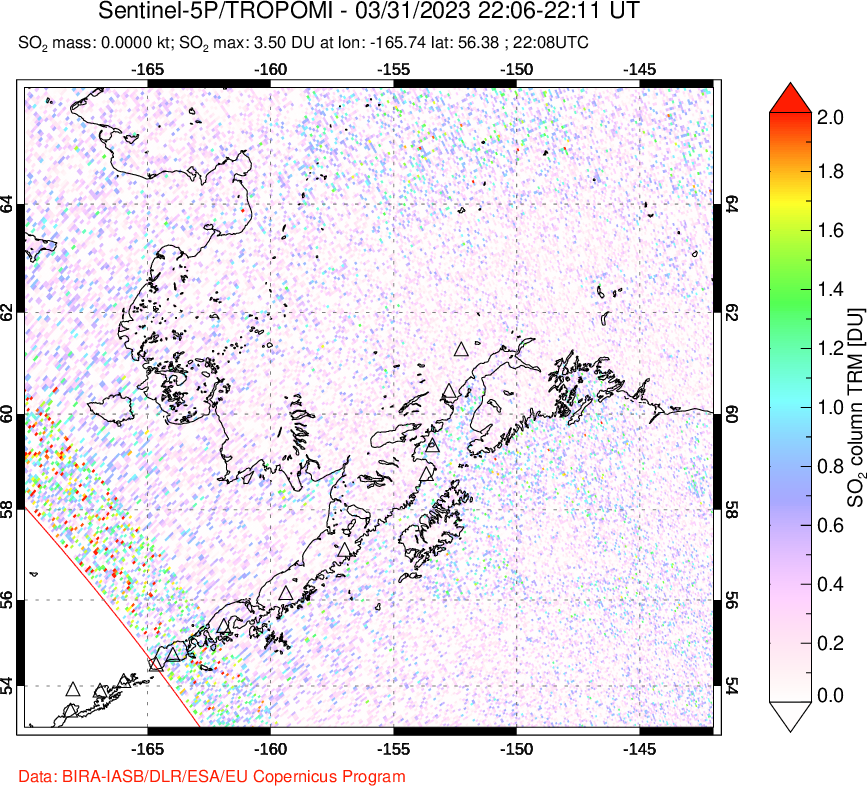 A sulfur dioxide image over Alaska, USA on Mar 31, 2023.