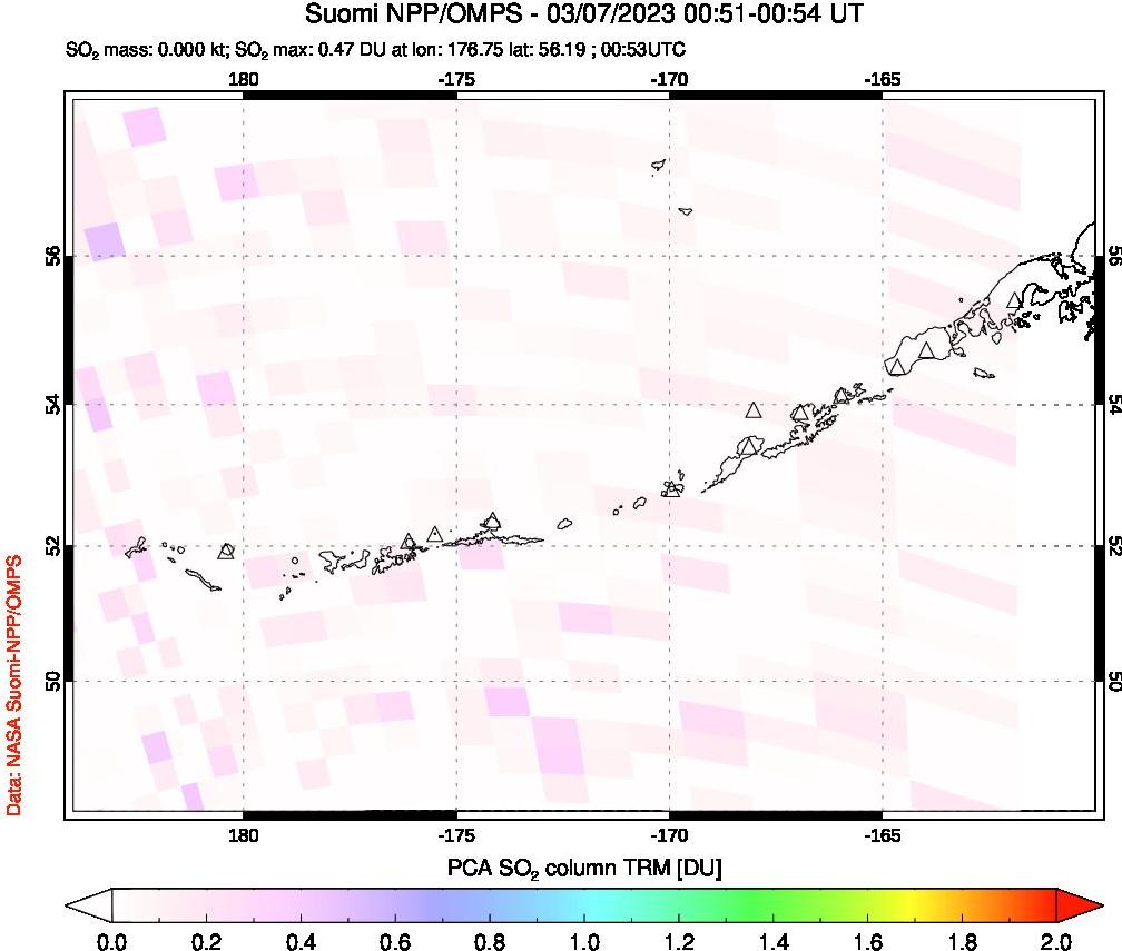 A sulfur dioxide image over Aleutian Islands, Alaska, USA on Mar 07, 2023.