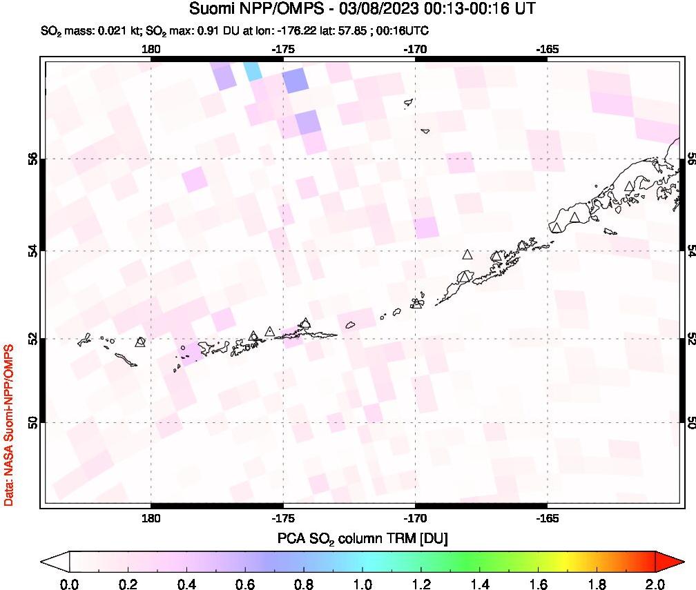 A sulfur dioxide image over Aleutian Islands, Alaska, USA on Mar 08, 2023.