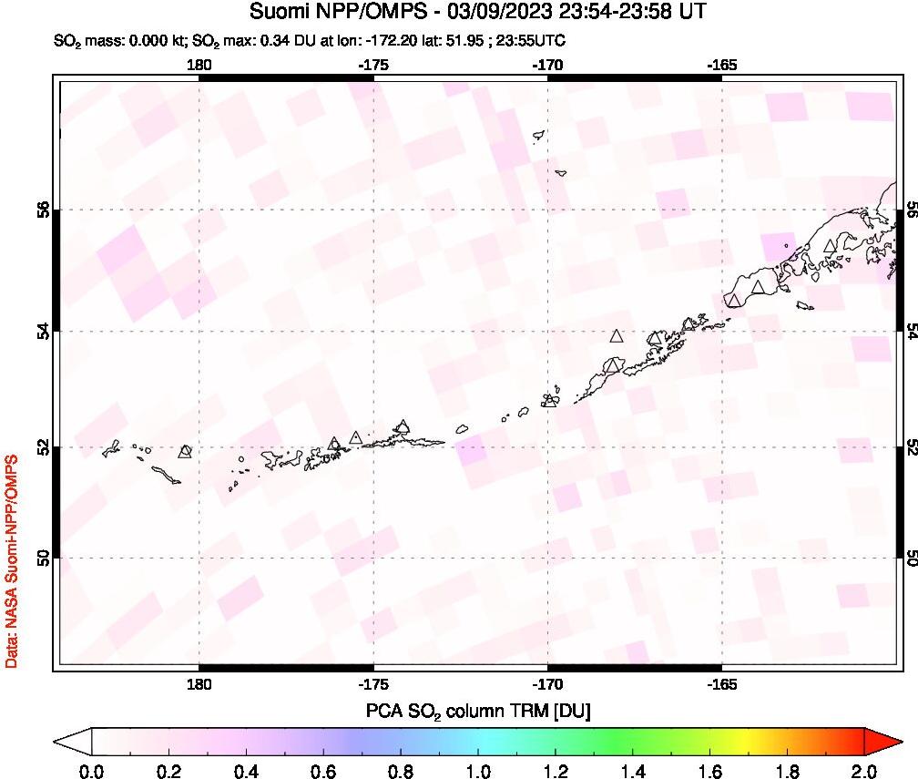 A sulfur dioxide image over Aleutian Islands, Alaska, USA on Mar 09, 2023.