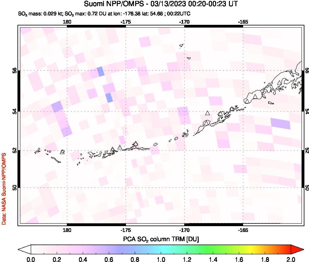 A sulfur dioxide image over Aleutian Islands, Alaska, USA on Mar 13, 2023.