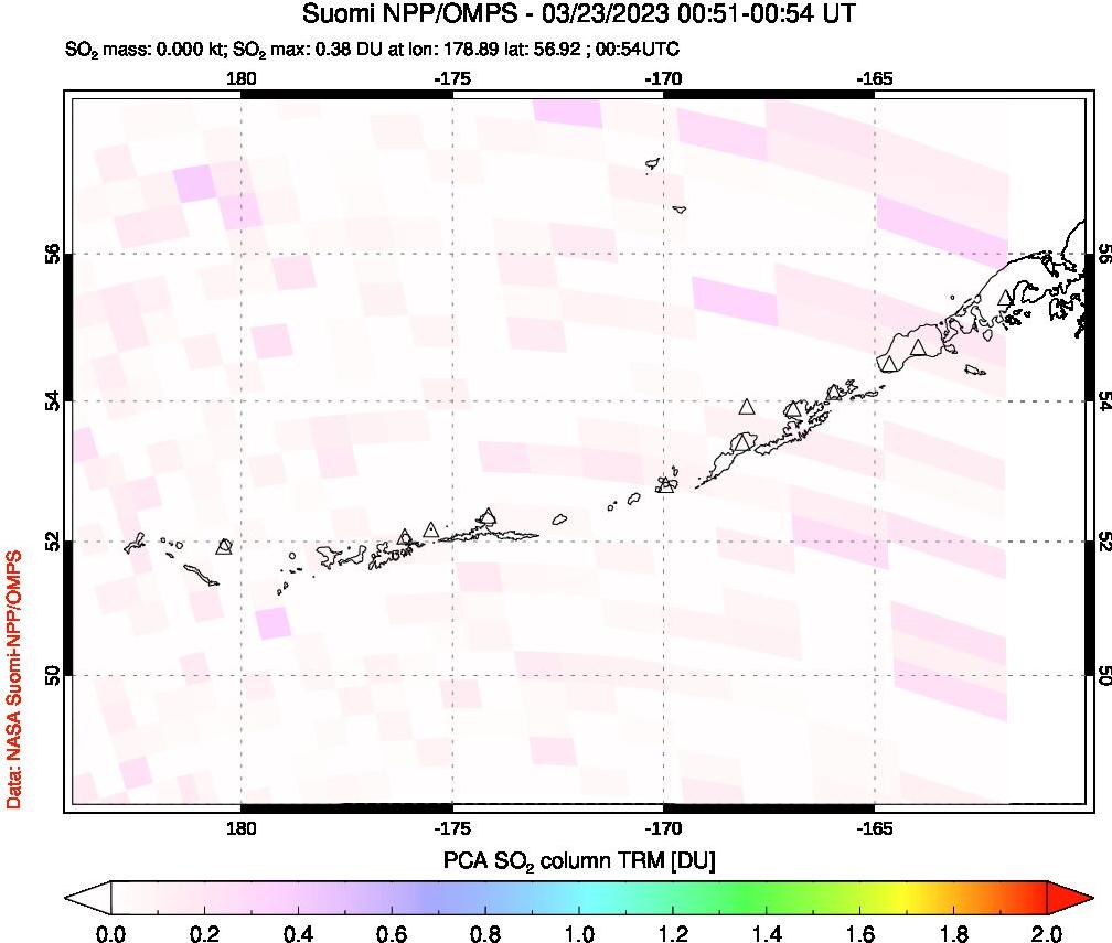 A sulfur dioxide image over Aleutian Islands, Alaska, USA on Mar 23, 2023.