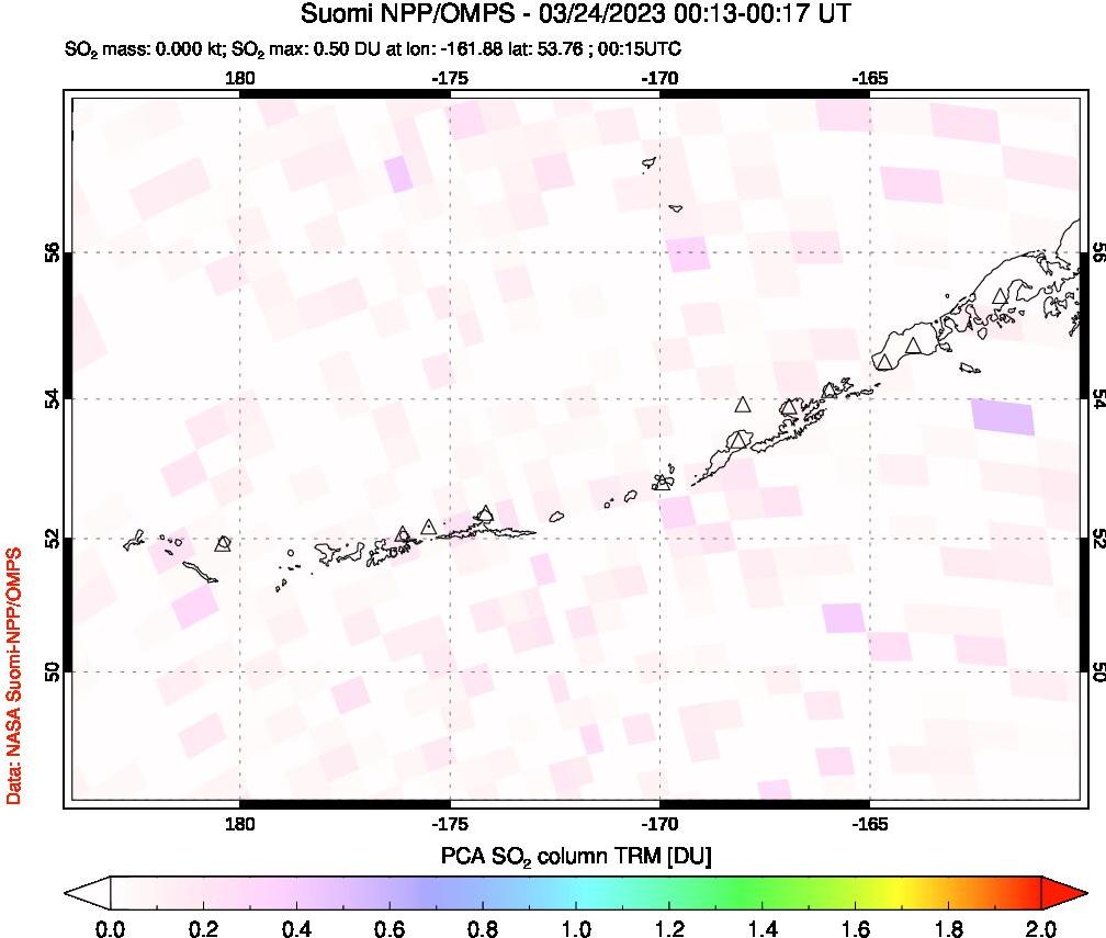 A sulfur dioxide image over Aleutian Islands, Alaska, USA on Mar 24, 2023.