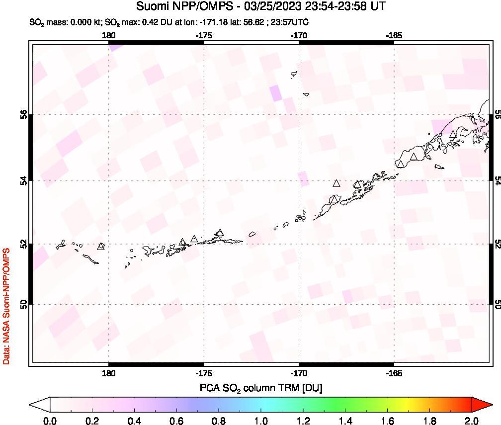A sulfur dioxide image over Aleutian Islands, Alaska, USA on Mar 25, 2023.