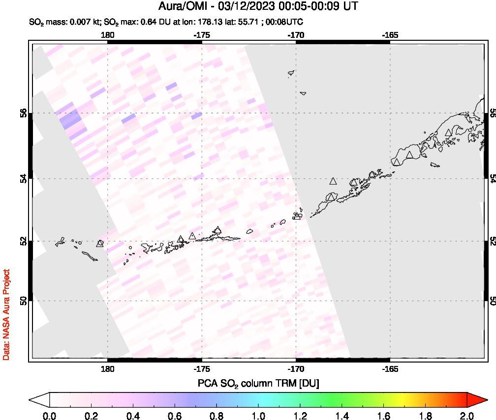 A sulfur dioxide image over Aleutian Islands, Alaska, USA on Mar 12, 2023.