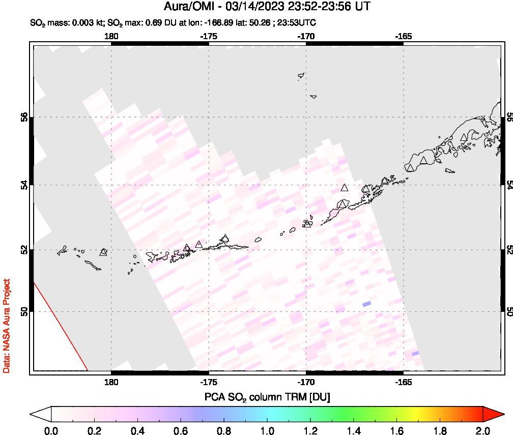 A sulfur dioxide image over Aleutian Islands, Alaska, USA on Mar 14, 2023.