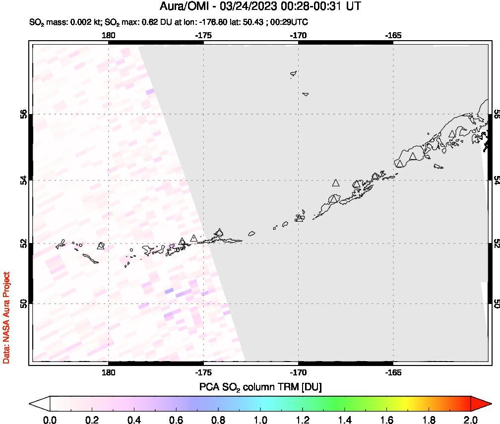 A sulfur dioxide image over Aleutian Islands, Alaska, USA on Mar 24, 2023.