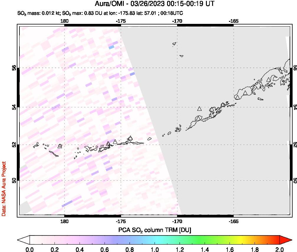A sulfur dioxide image over Aleutian Islands, Alaska, USA on Mar 26, 2023.