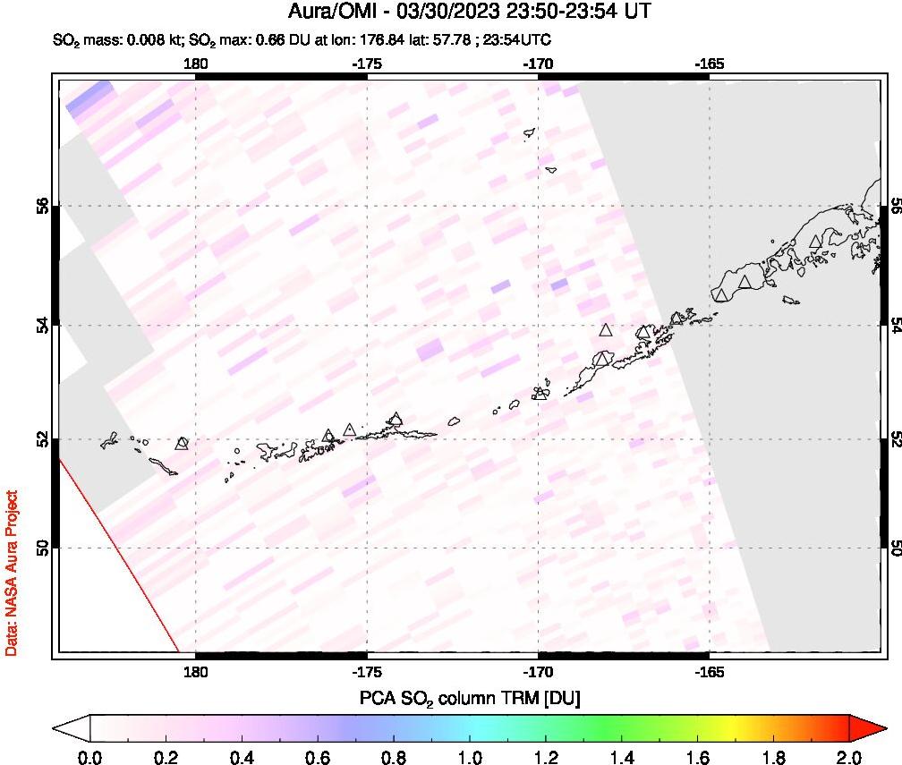 A sulfur dioxide image over Aleutian Islands, Alaska, USA on Mar 30, 2023.