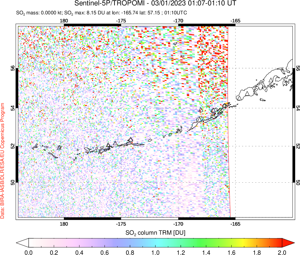 A sulfur dioxide image over Aleutian Islands, Alaska, USA on Mar 01, 2023.