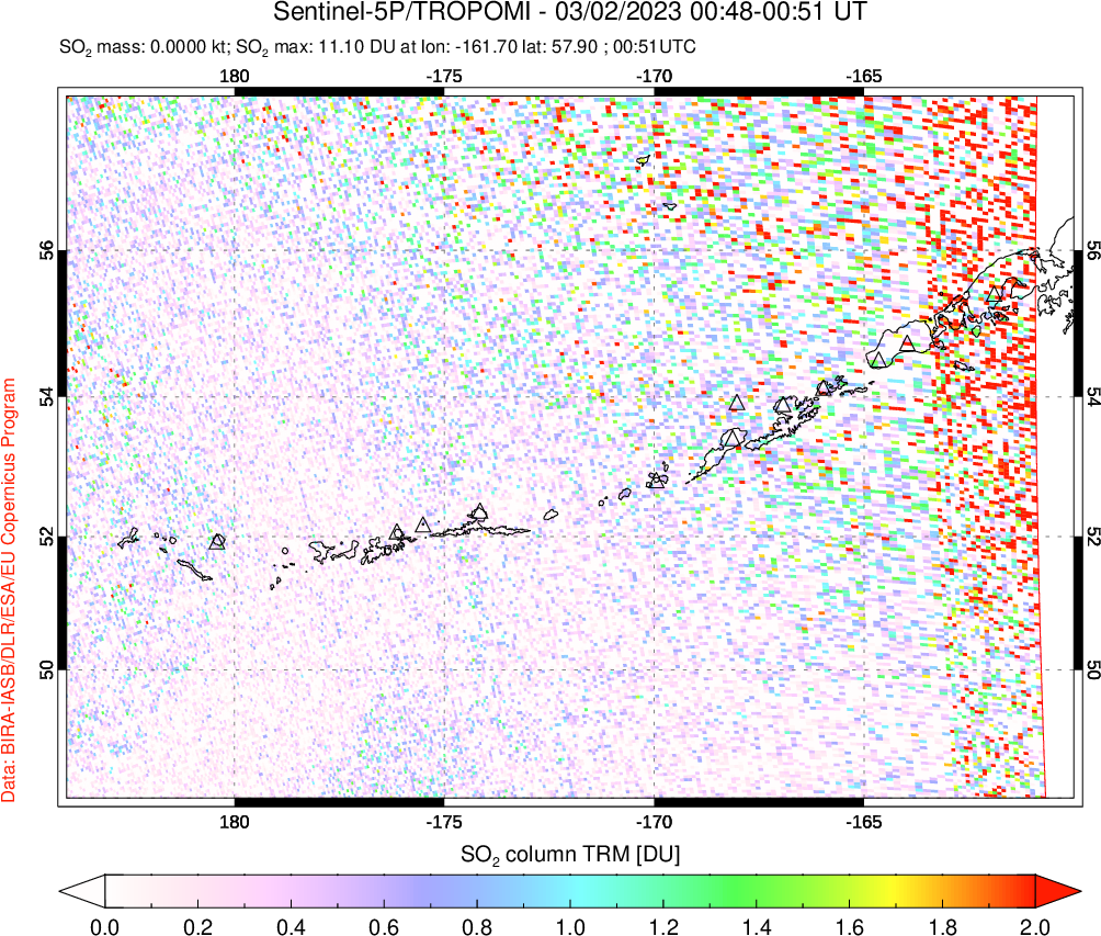 A sulfur dioxide image over Aleutian Islands, Alaska, USA on Mar 02, 2023.