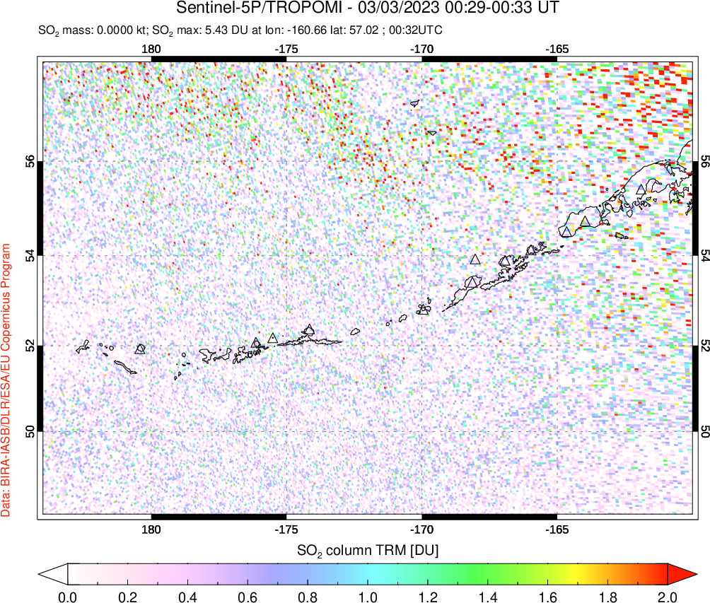 A sulfur dioxide image over Aleutian Islands, Alaska, USA on Mar 03, 2023.