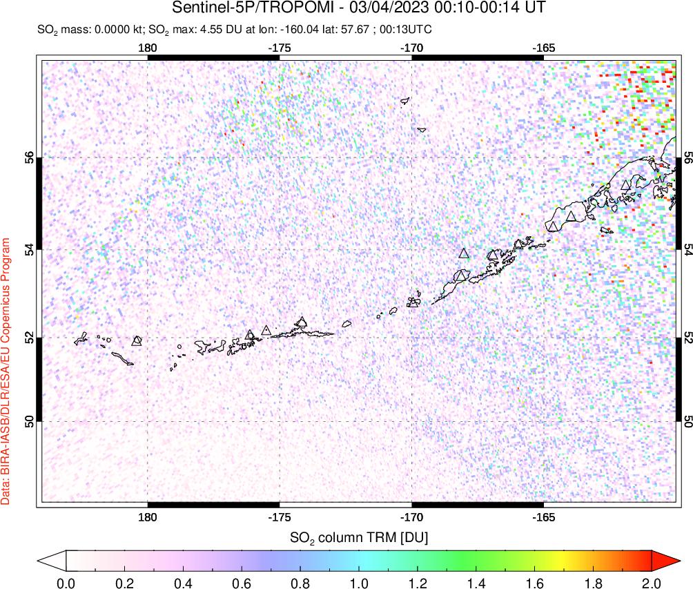 A sulfur dioxide image over Aleutian Islands, Alaska, USA on Mar 04, 2023.