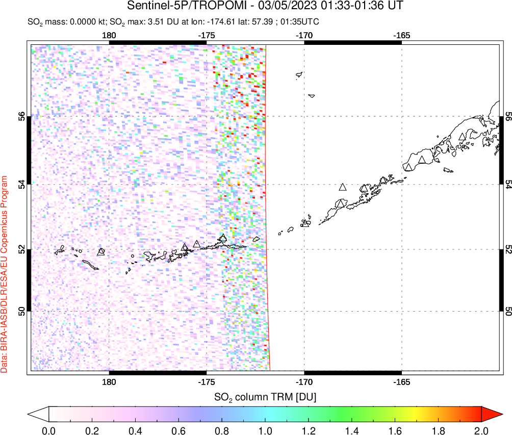 A sulfur dioxide image over Aleutian Islands, Alaska, USA on Mar 05, 2023.