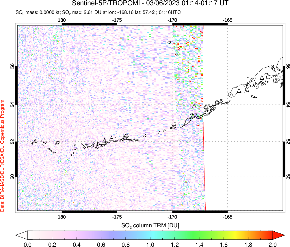 A sulfur dioxide image over Aleutian Islands, Alaska, USA on Mar 06, 2023.