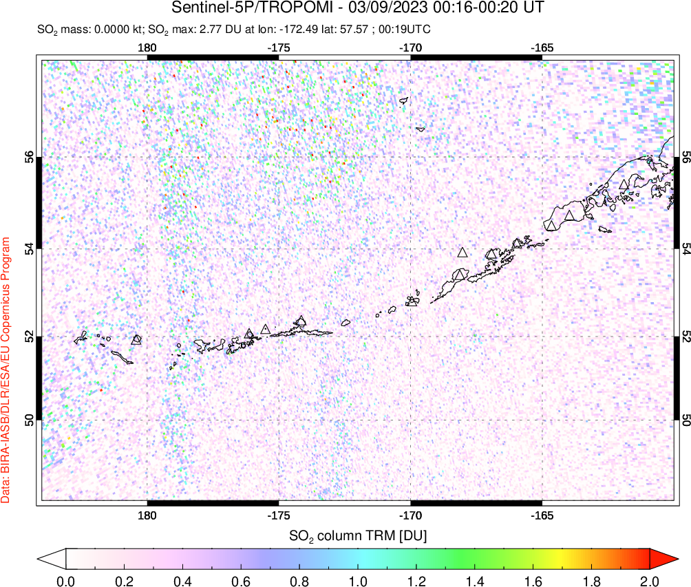 A sulfur dioxide image over Aleutian Islands, Alaska, USA on Mar 09, 2023.