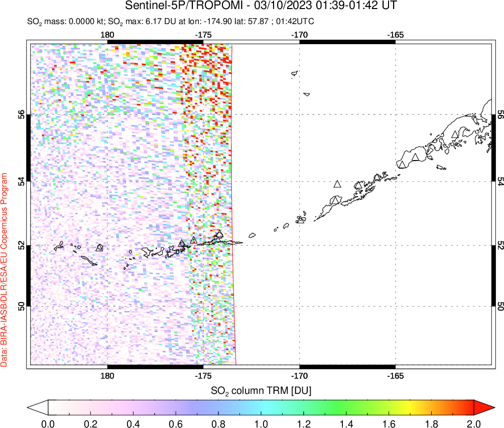 A sulfur dioxide image over Aleutian Islands, Alaska, USA on Mar 10, 2023.