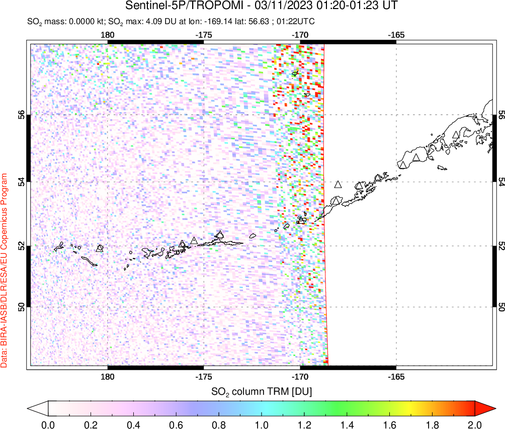 A sulfur dioxide image over Aleutian Islands, Alaska, USA on Mar 11, 2023.