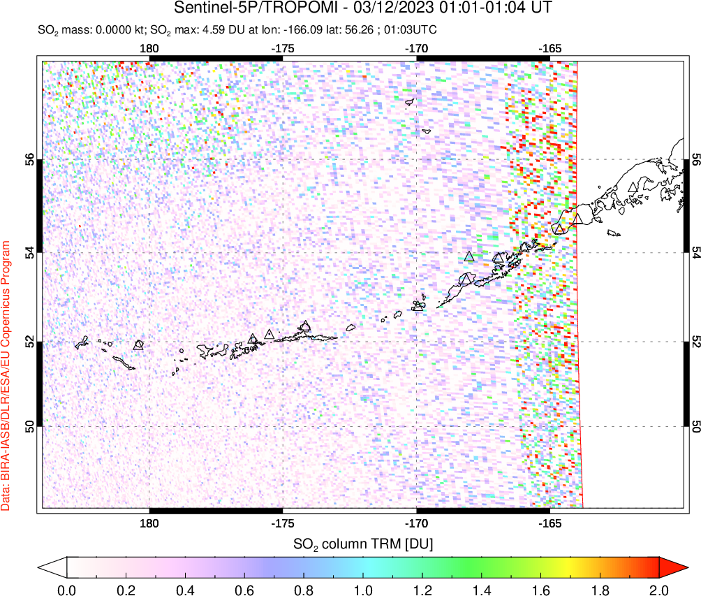 A sulfur dioxide image over Aleutian Islands, Alaska, USA on Mar 12, 2023.