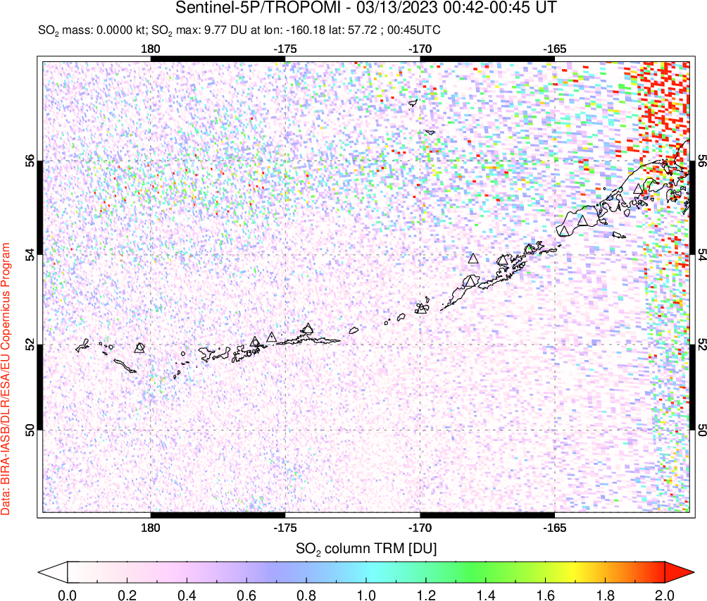 A sulfur dioxide image over Aleutian Islands, Alaska, USA on Mar 13, 2023.