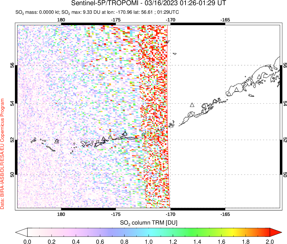 A sulfur dioxide image over Aleutian Islands, Alaska, USA on Mar 16, 2023.