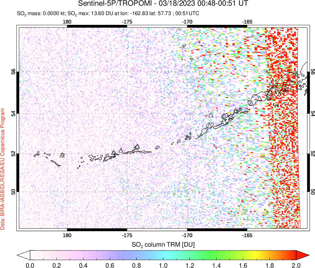 A sulfur dioxide image over Aleutian Islands, Alaska, USA on Mar 18, 2023.