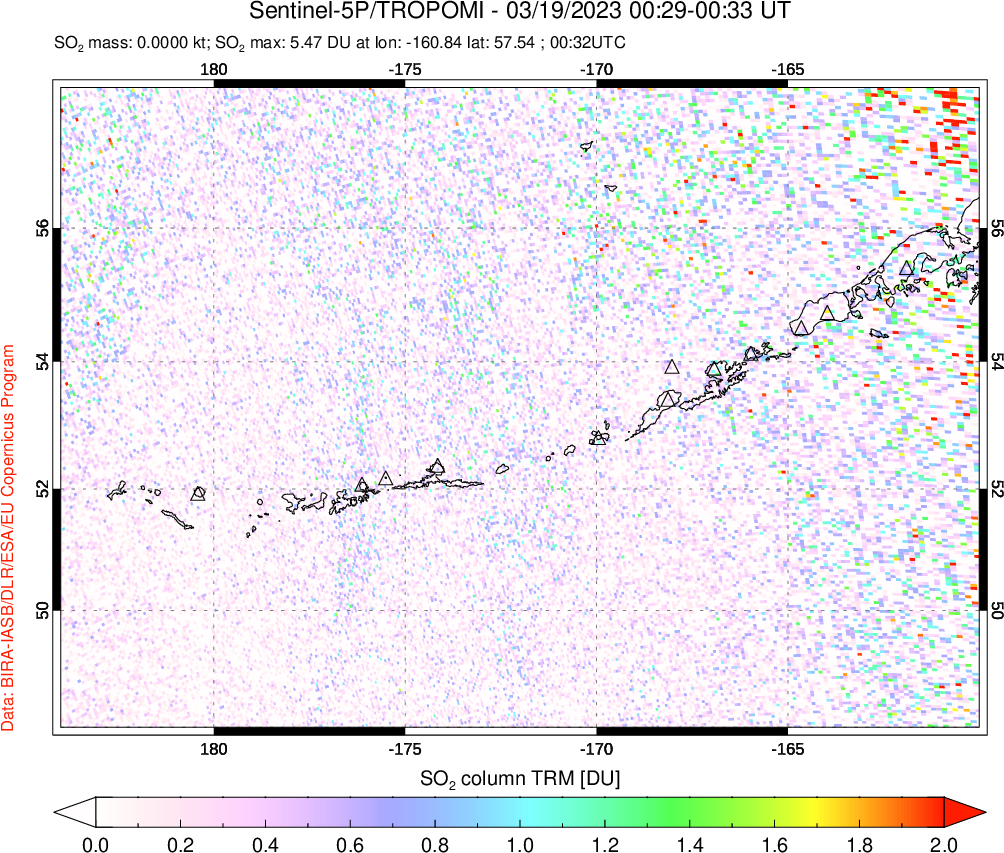 A sulfur dioxide image over Aleutian Islands, Alaska, USA on Mar 19, 2023.