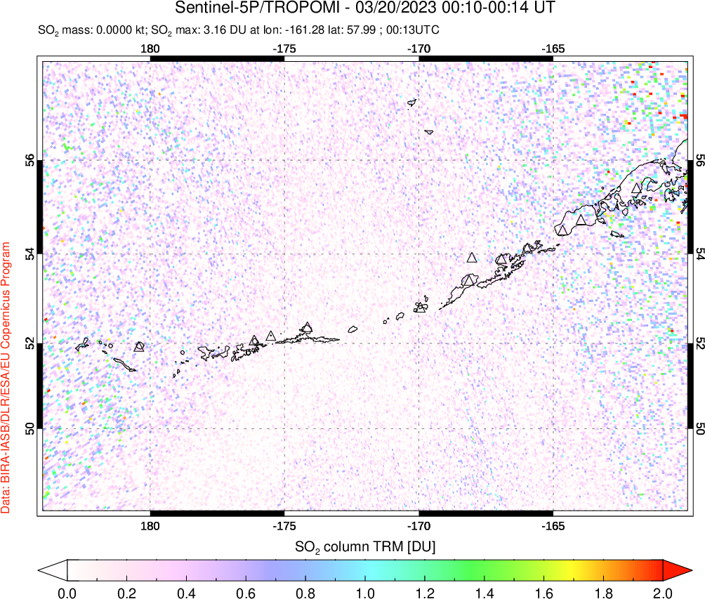 A sulfur dioxide image over Aleutian Islands, Alaska, USA on Mar 20, 2023.