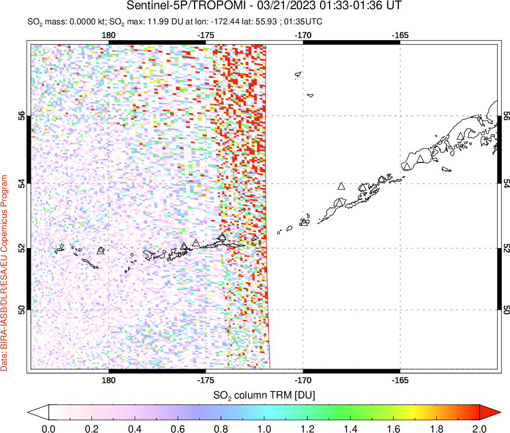 A sulfur dioxide image over Aleutian Islands, Alaska, USA on Mar 21, 2023.