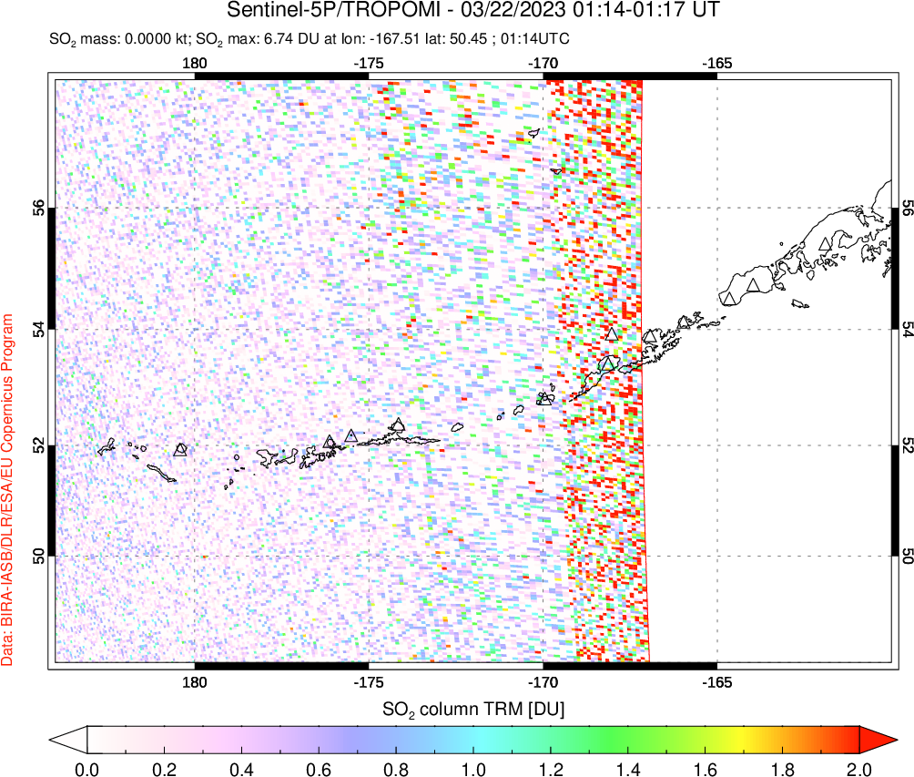 A sulfur dioxide image over Aleutian Islands, Alaska, USA on Mar 22, 2023.