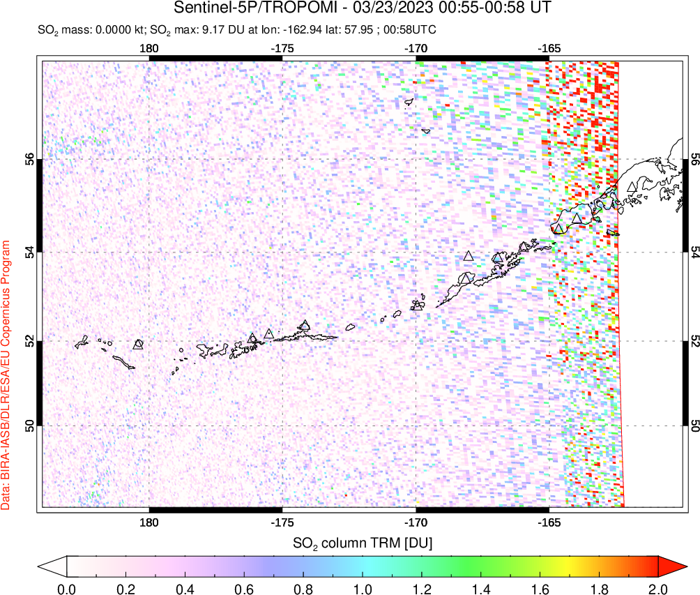 A sulfur dioxide image over Aleutian Islands, Alaska, USA on Mar 23, 2023.