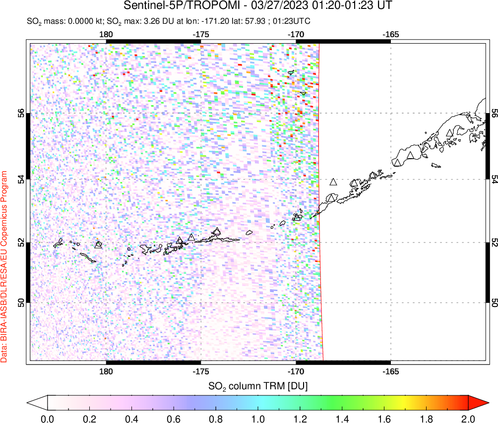 A sulfur dioxide image over Aleutian Islands, Alaska, USA on Mar 27, 2023.