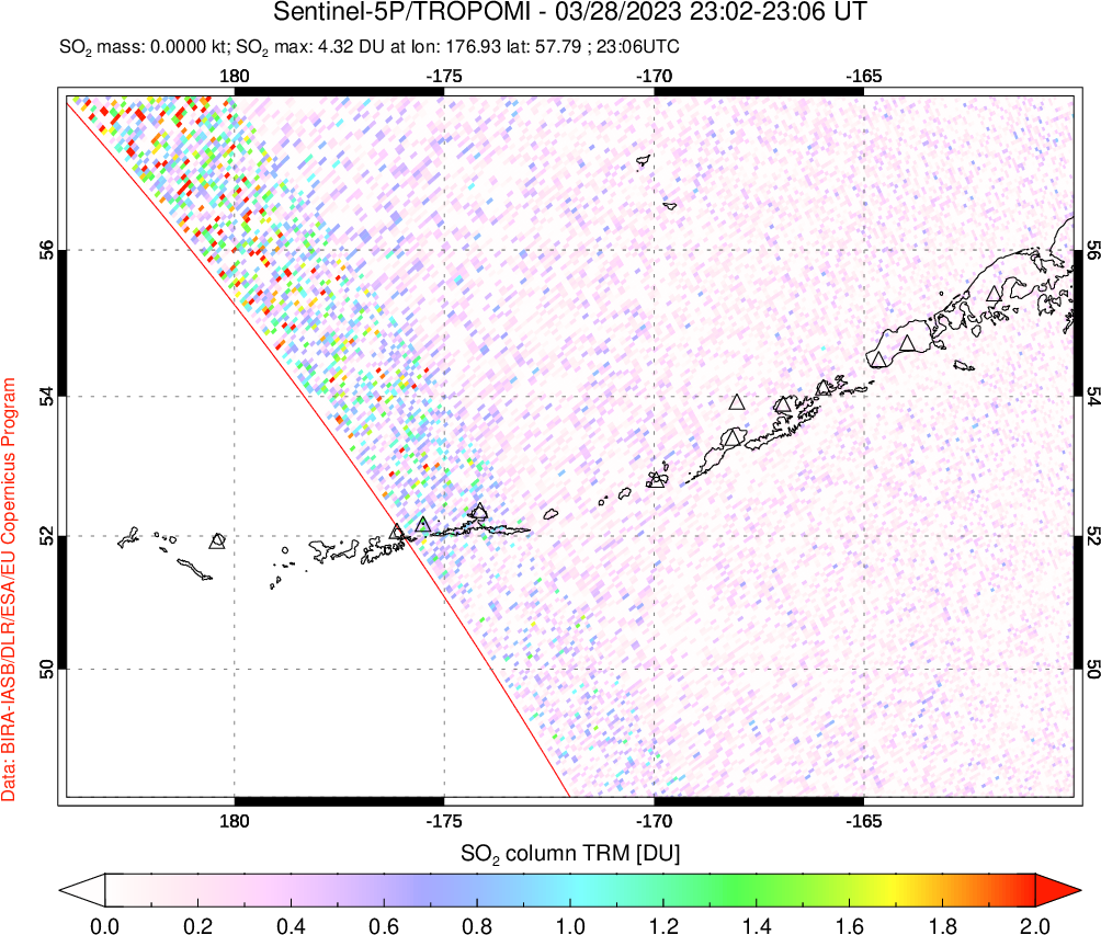 A sulfur dioxide image over Aleutian Islands, Alaska, USA on Mar 28, 2023.