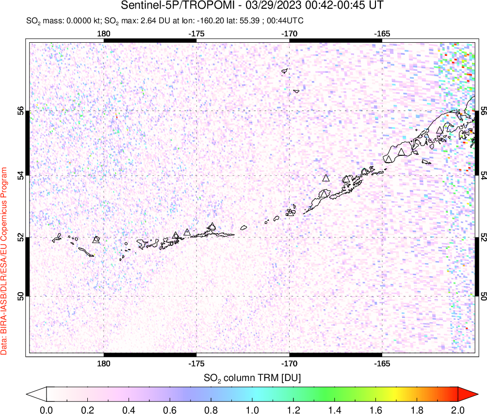 A sulfur dioxide image over Aleutian Islands, Alaska, USA on Mar 29, 2023.