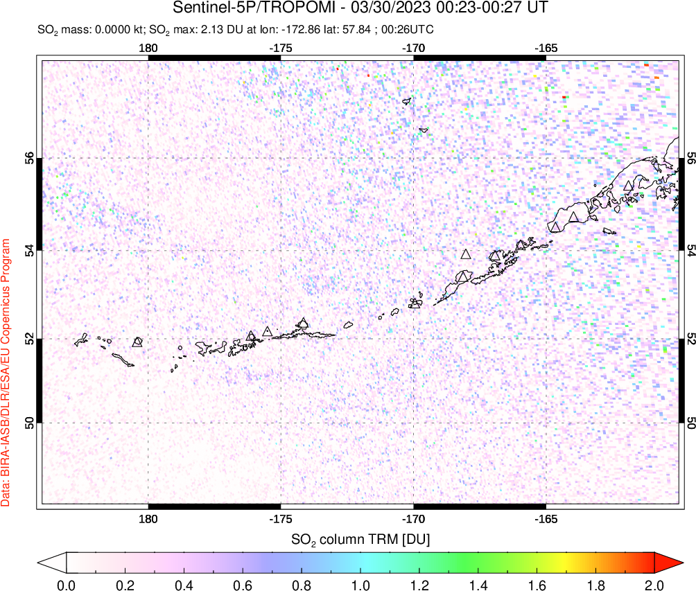 A sulfur dioxide image over Aleutian Islands, Alaska, USA on Mar 30, 2023.