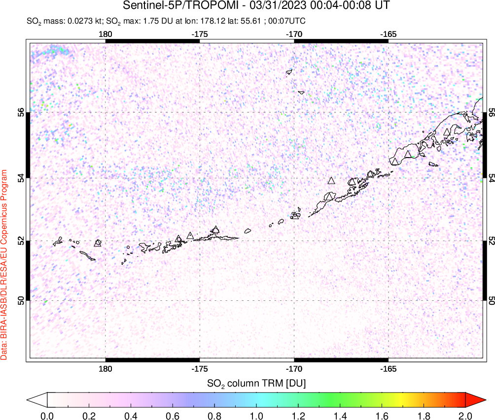 A sulfur dioxide image over Aleutian Islands, Alaska, USA on Mar 31, 2023.
