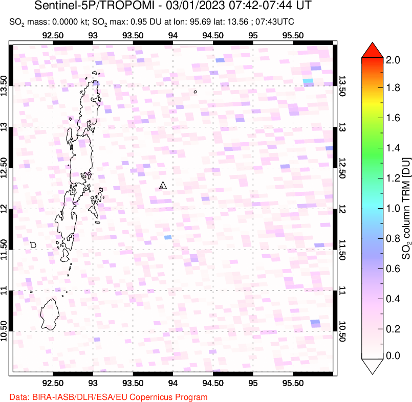 A sulfur dioxide image over Andaman Islands, Indian Ocean on Mar 01, 2023.