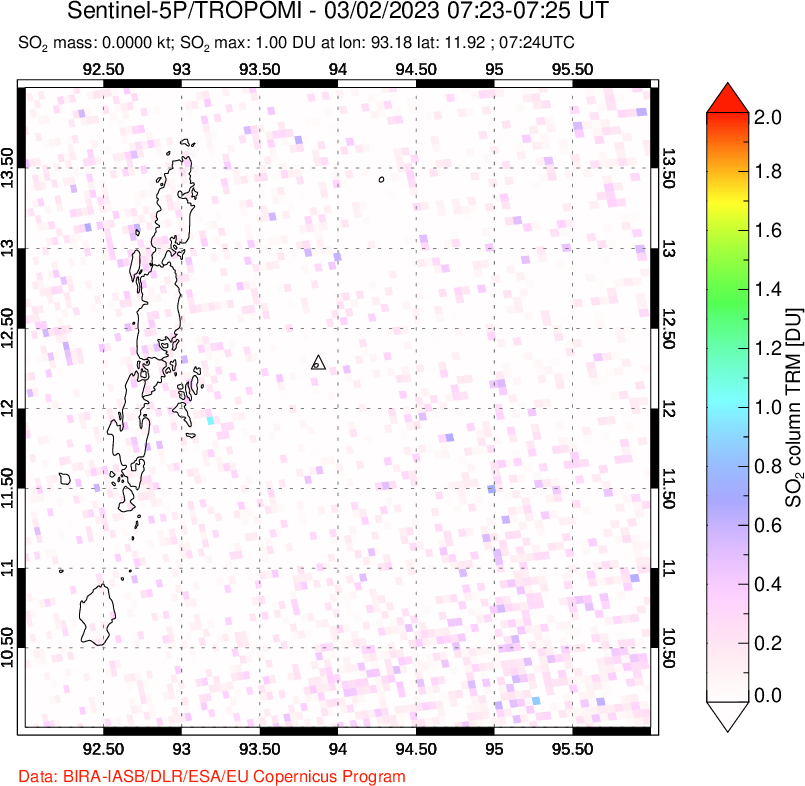 A sulfur dioxide image over Andaman Islands, Indian Ocean on Mar 02, 2023.