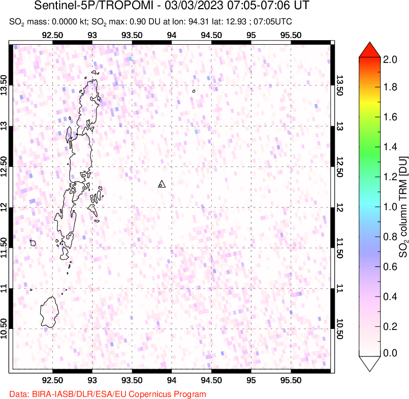 A sulfur dioxide image over Andaman Islands, Indian Ocean on Mar 03, 2023.