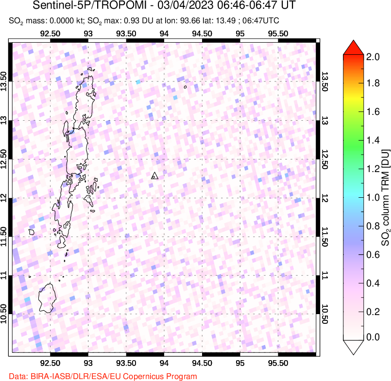 A sulfur dioxide image over Andaman Islands, Indian Ocean on Mar 04, 2023.