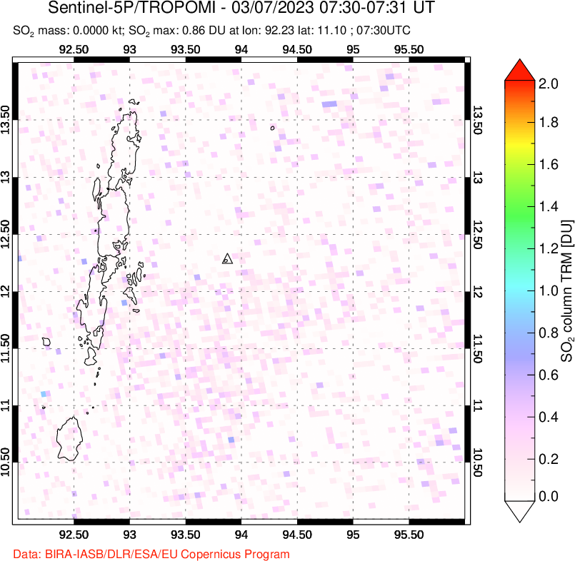 A sulfur dioxide image over Andaman Islands, Indian Ocean on Mar 07, 2023.