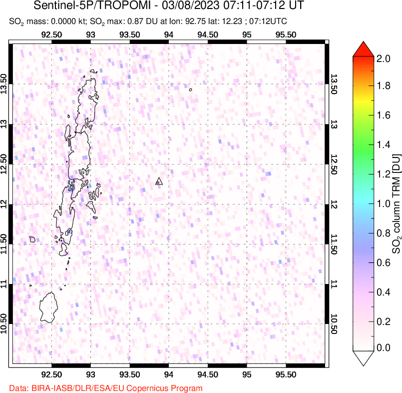 A sulfur dioxide image over Andaman Islands, Indian Ocean on Mar 08, 2023.
