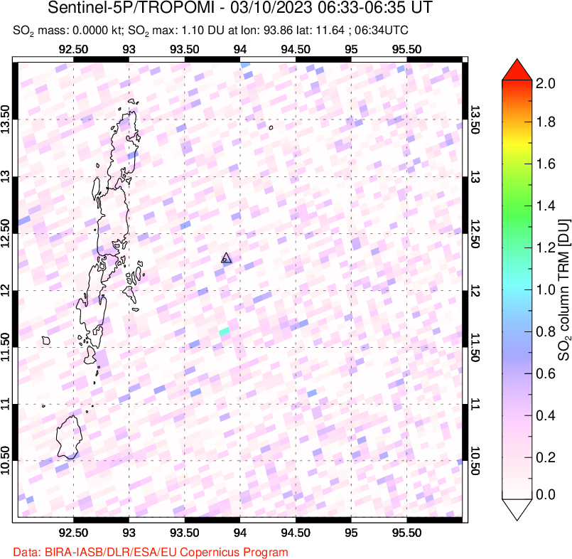 A sulfur dioxide image over Andaman Islands, Indian Ocean on Mar 10, 2023.
