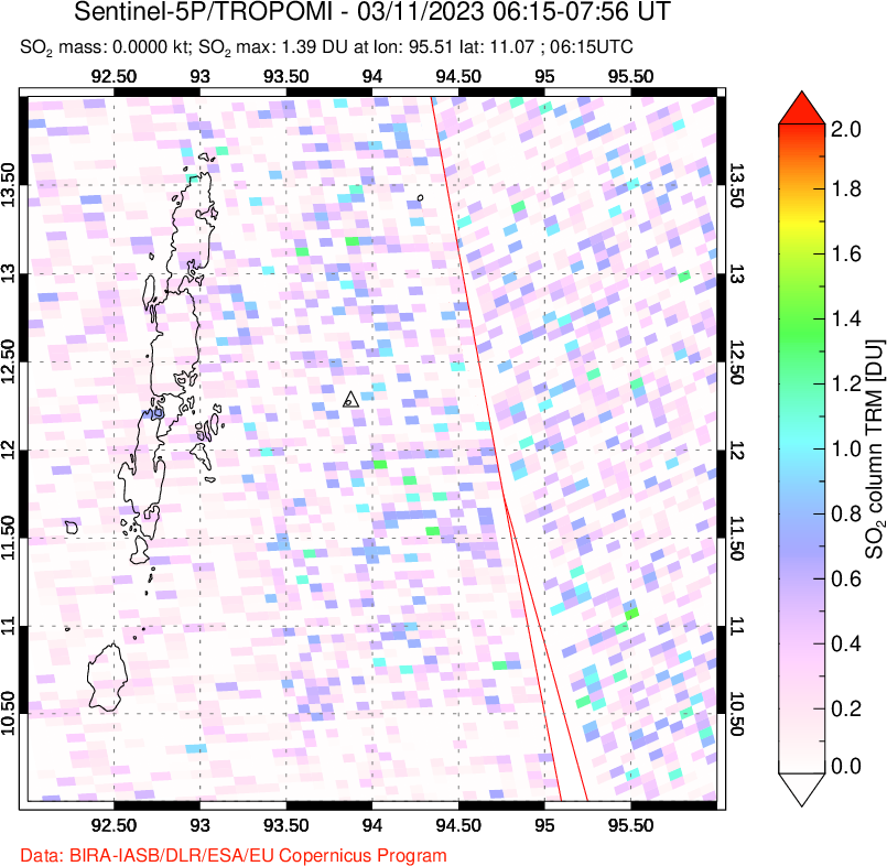 A sulfur dioxide image over Andaman Islands, Indian Ocean on Mar 11, 2023.