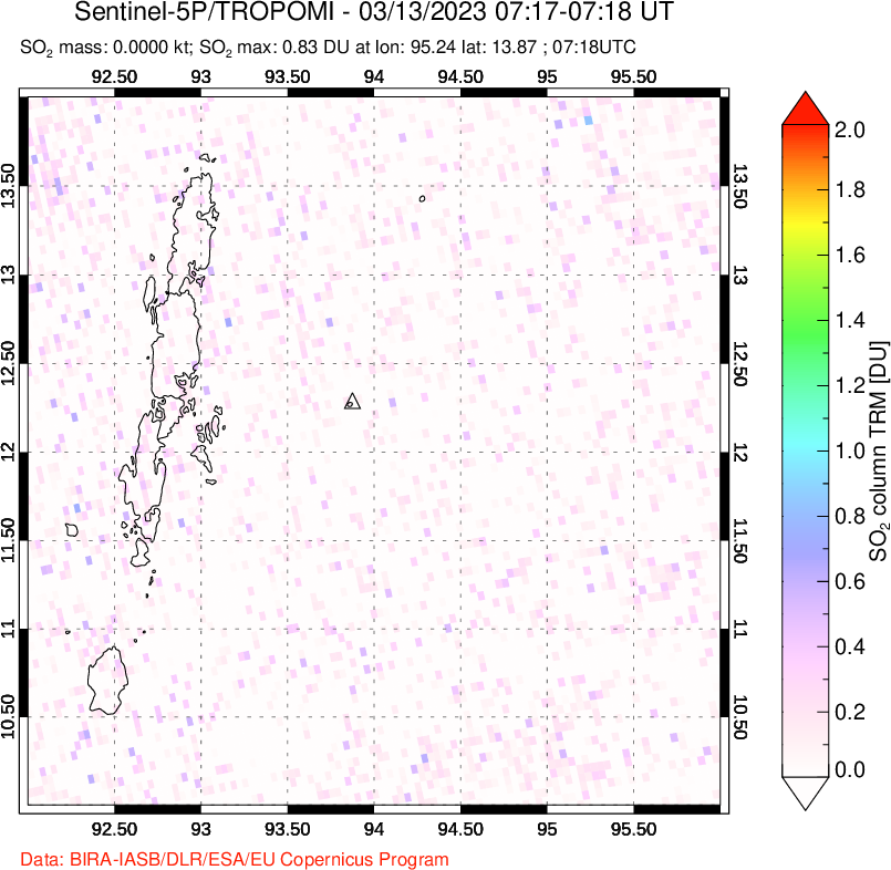 A sulfur dioxide image over Andaman Islands, Indian Ocean on Mar 13, 2023.