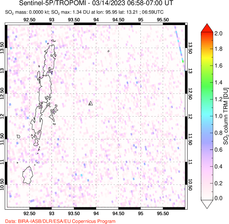A sulfur dioxide image over Andaman Islands, Indian Ocean on Mar 14, 2023.