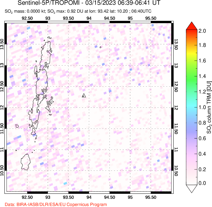 A sulfur dioxide image over Andaman Islands, Indian Ocean on Mar 15, 2023.