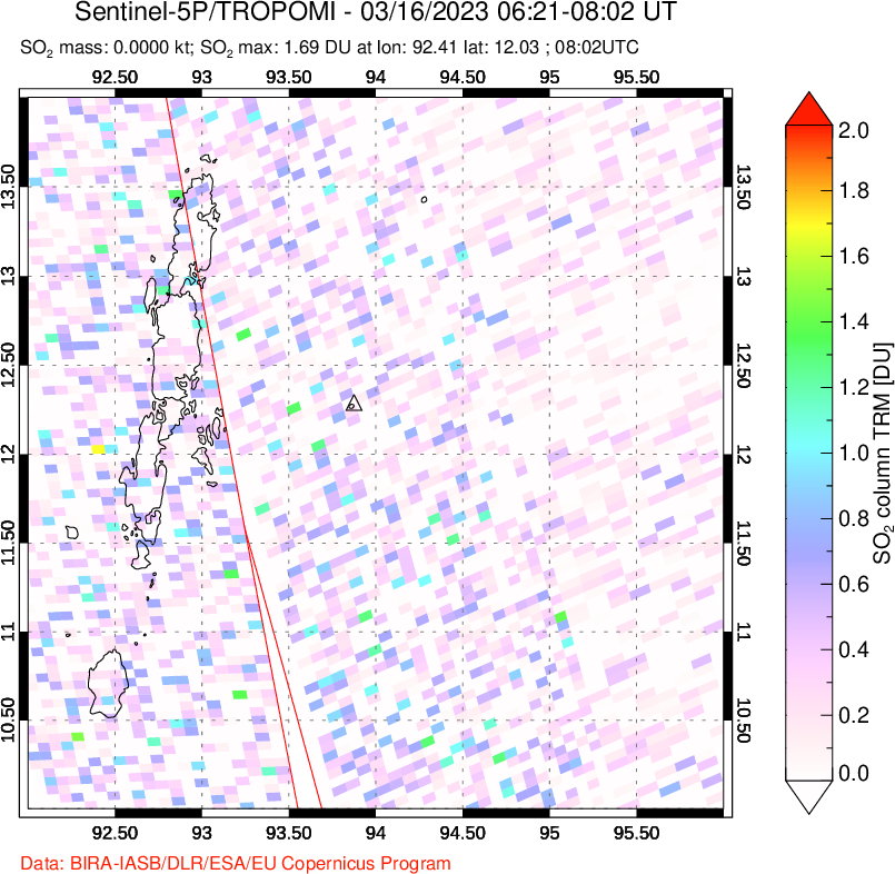 A sulfur dioxide image over Andaman Islands, Indian Ocean on Mar 16, 2023.